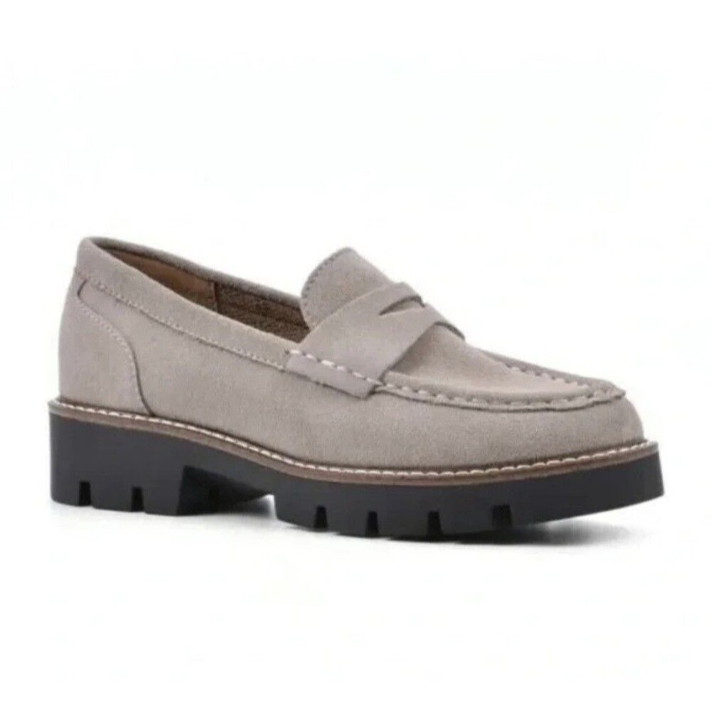 House of Harlow Suede Lug Sole Penny Loafer Shoe Taupe Preppy Academia Women 8.5